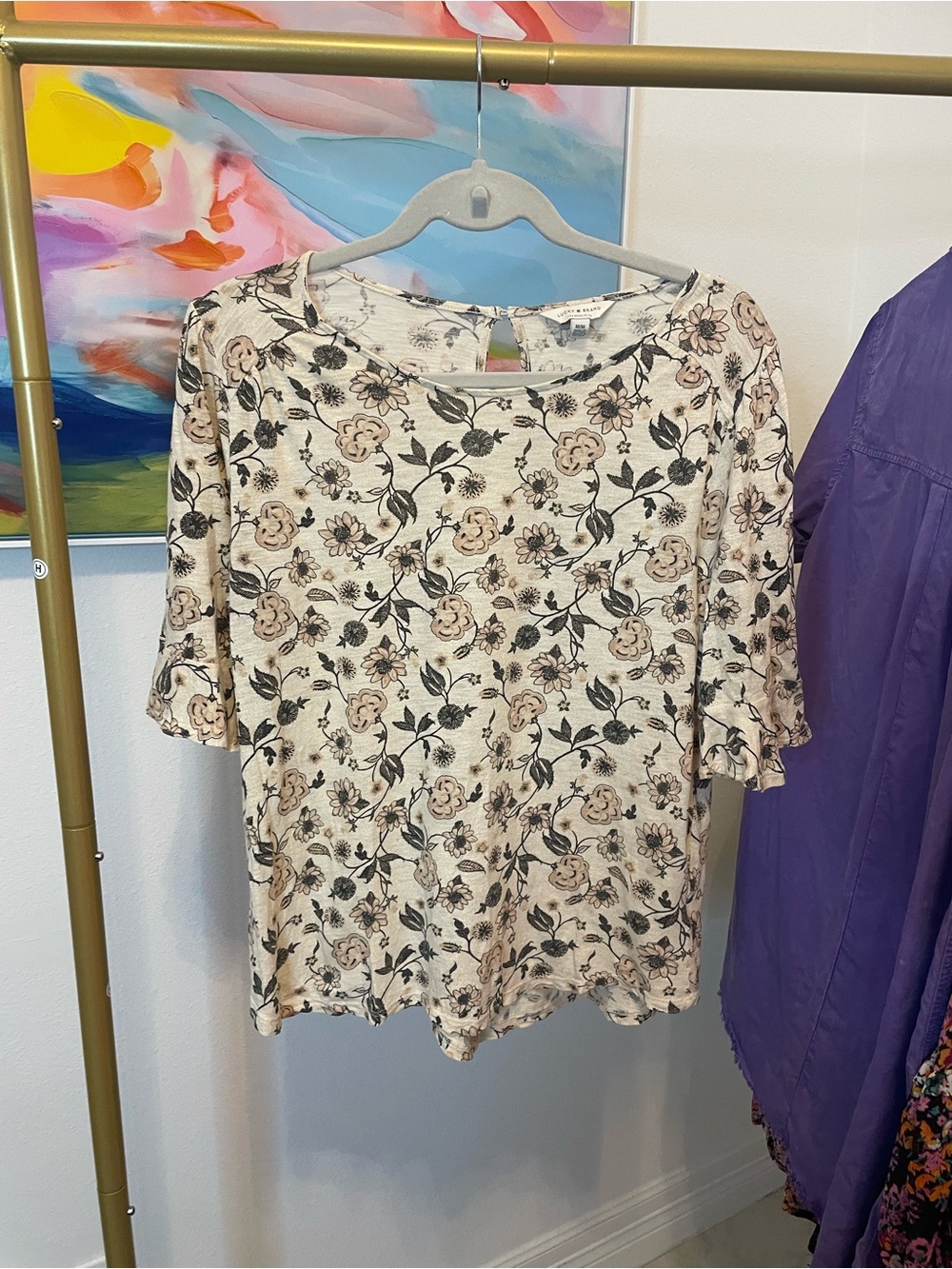 Lucky Brand Cream Floral Scoop Neck Short Sleeve Top